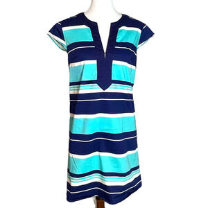 🍀JB by Julie Brown Navy Aqua White Striped Notch Neck Tunic Dress Women’s Size 4